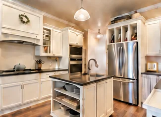 White kitchen with island and stainless appliances