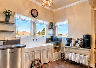 Farmhouse sink with coffee station and valley views